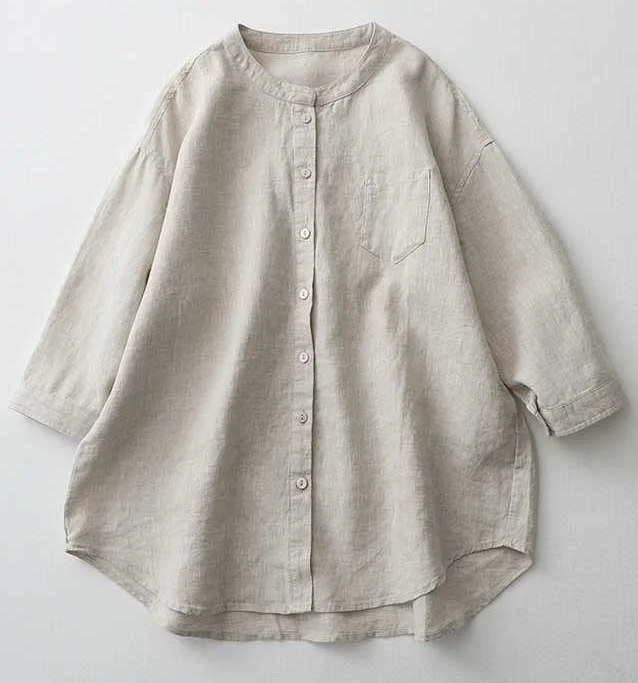 Casual Linen Stand Collar Three-quarter Sleeve Loose Shirt