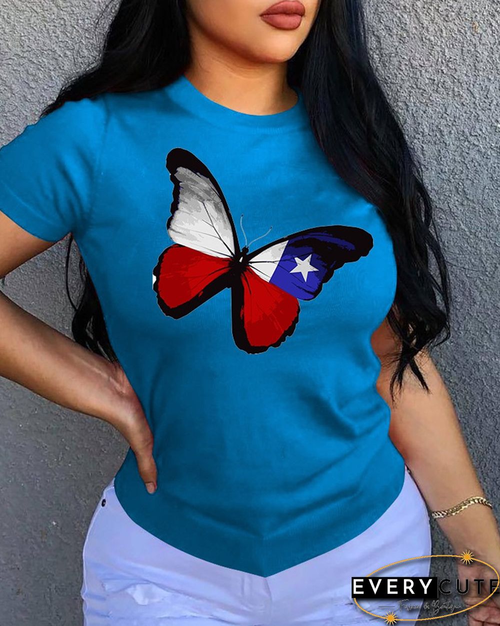 Butterfly Print O-neck Short Sleeve T-shirt