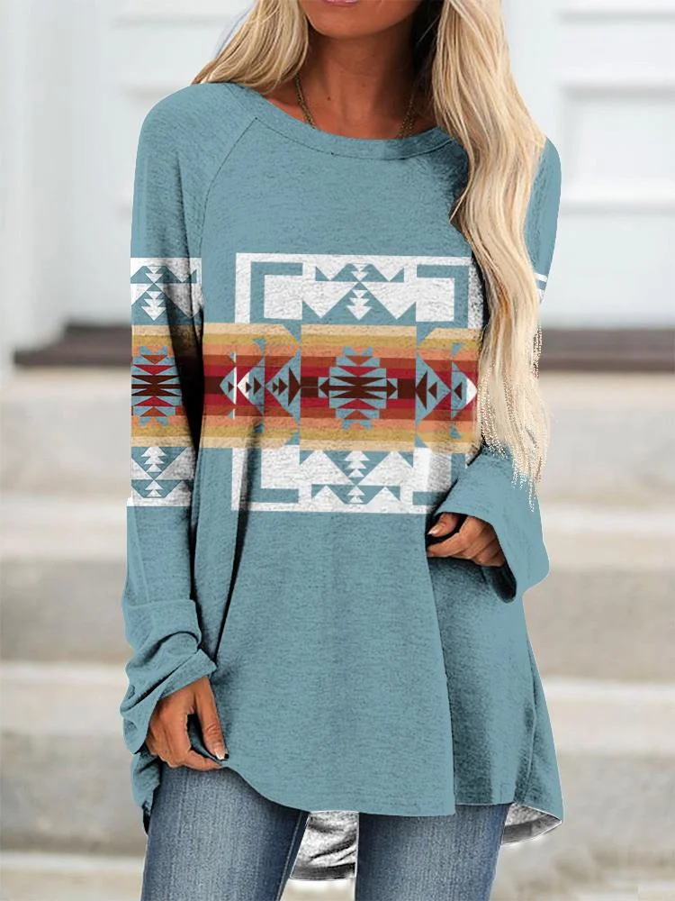 Loose Crew Neck Western Print Long Sleeve Top