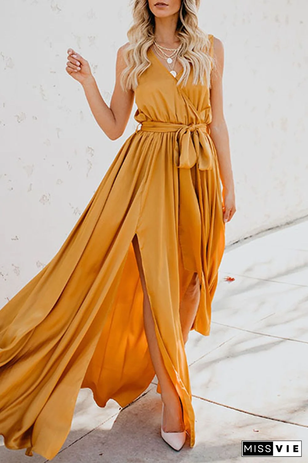 Casual Bohemian Solid High Opening With Belt V Neck Dresses