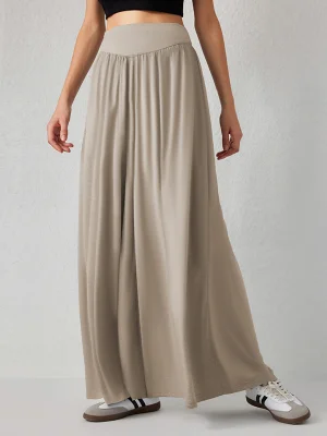 Image of Split-Joint Solid Color Pockets Pleated Wide Leg Loose Trousers Pants