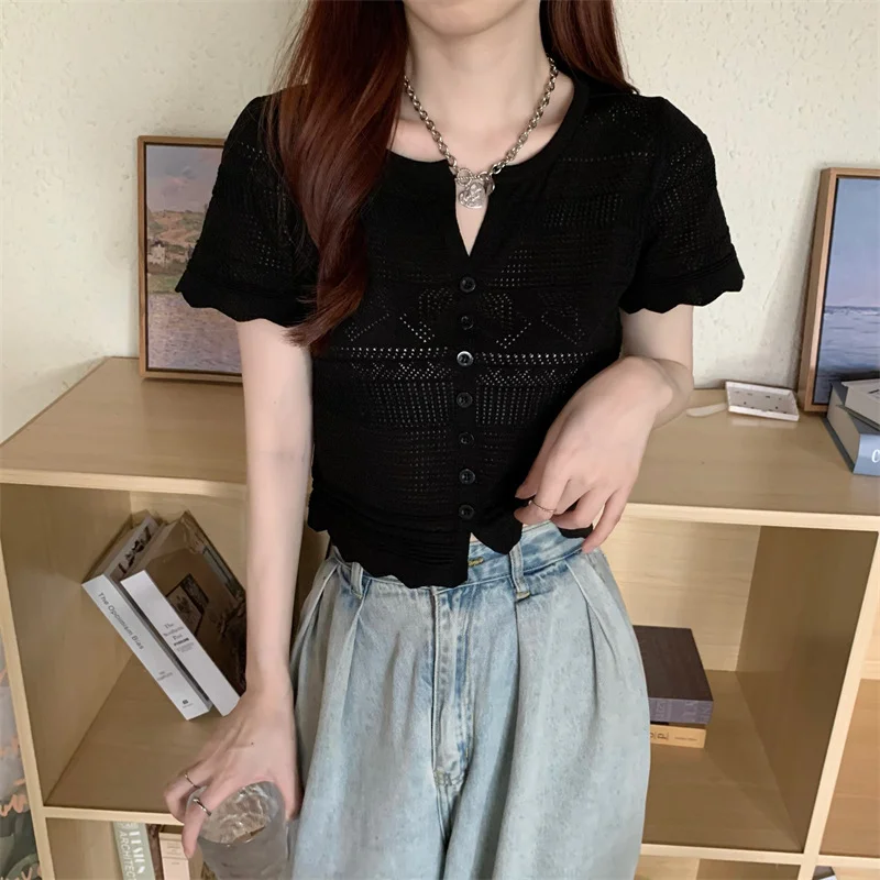 Uveng Uveng Short-Sleeved Ice Silk Knitted Cardigan Women's Summer Thin 2023 New French Gentle Style Short T-Shirt Top