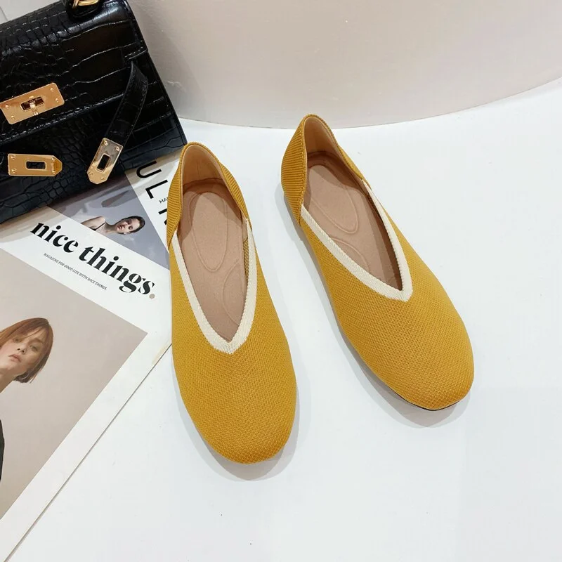 Women Shoes 2022 Bowknot flat Shoes Soft Pregnant Scoop Shoes Square Head Knitted Shoes Tide Girl Peas Shoes Female Ballet Shoes