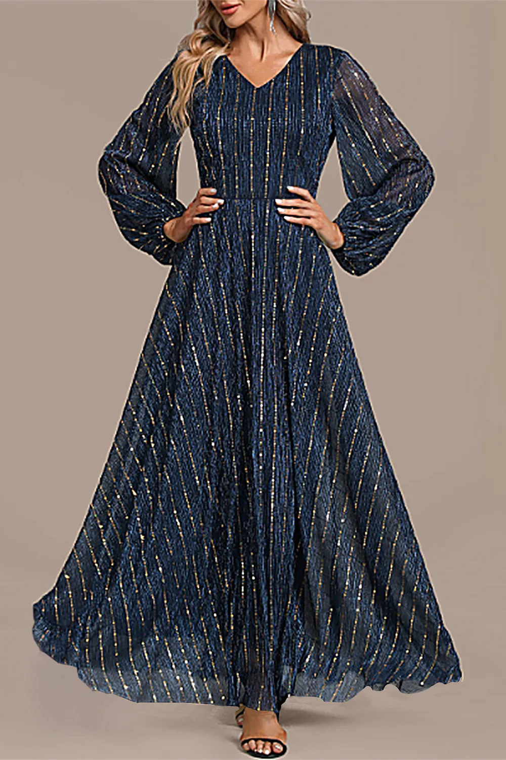 Plus Size Formal Navy Blue Sparkly Sequin Striped Lantern Sleeve Maxi Dress-  Flycurvy