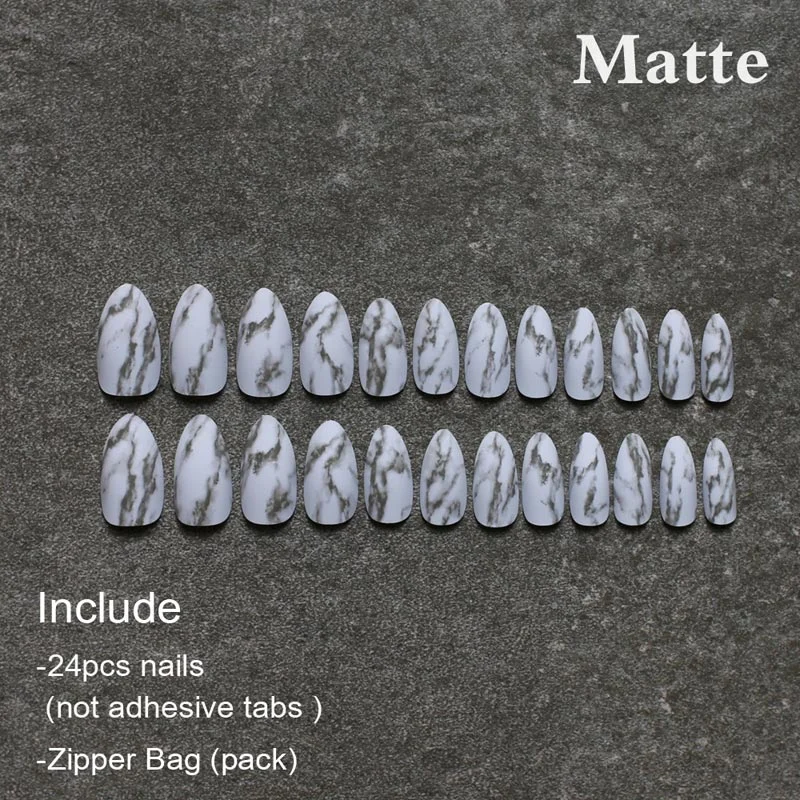 Marble matte Natural texture stiletto nails white medium fake nails glossy False nails point Tip high quality 24pcs full sets-Nail Inspo