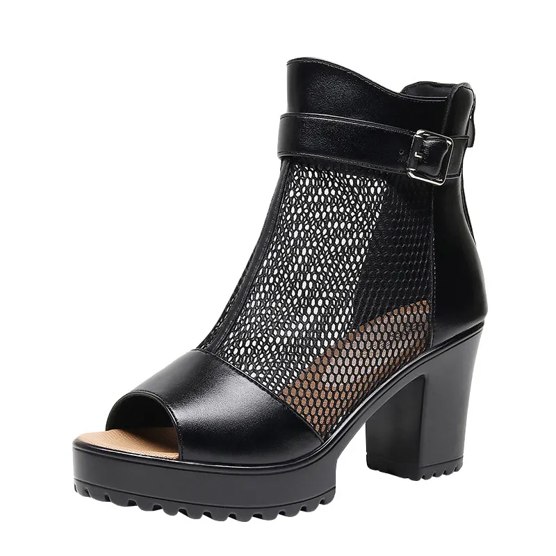 Breakj Breakj Mouth Net Sandals Women Summer High Heel Waterproof Table Zipper Mesh Shoes Fashion Women's Hollow Breathable Cool Boots