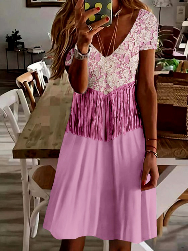  Western Lace Tassels V Neck A Line Midi Dress Westsshops
