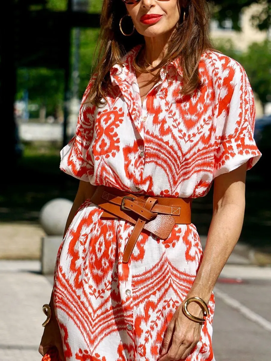 Trendy Printed Midi Shirt Dress