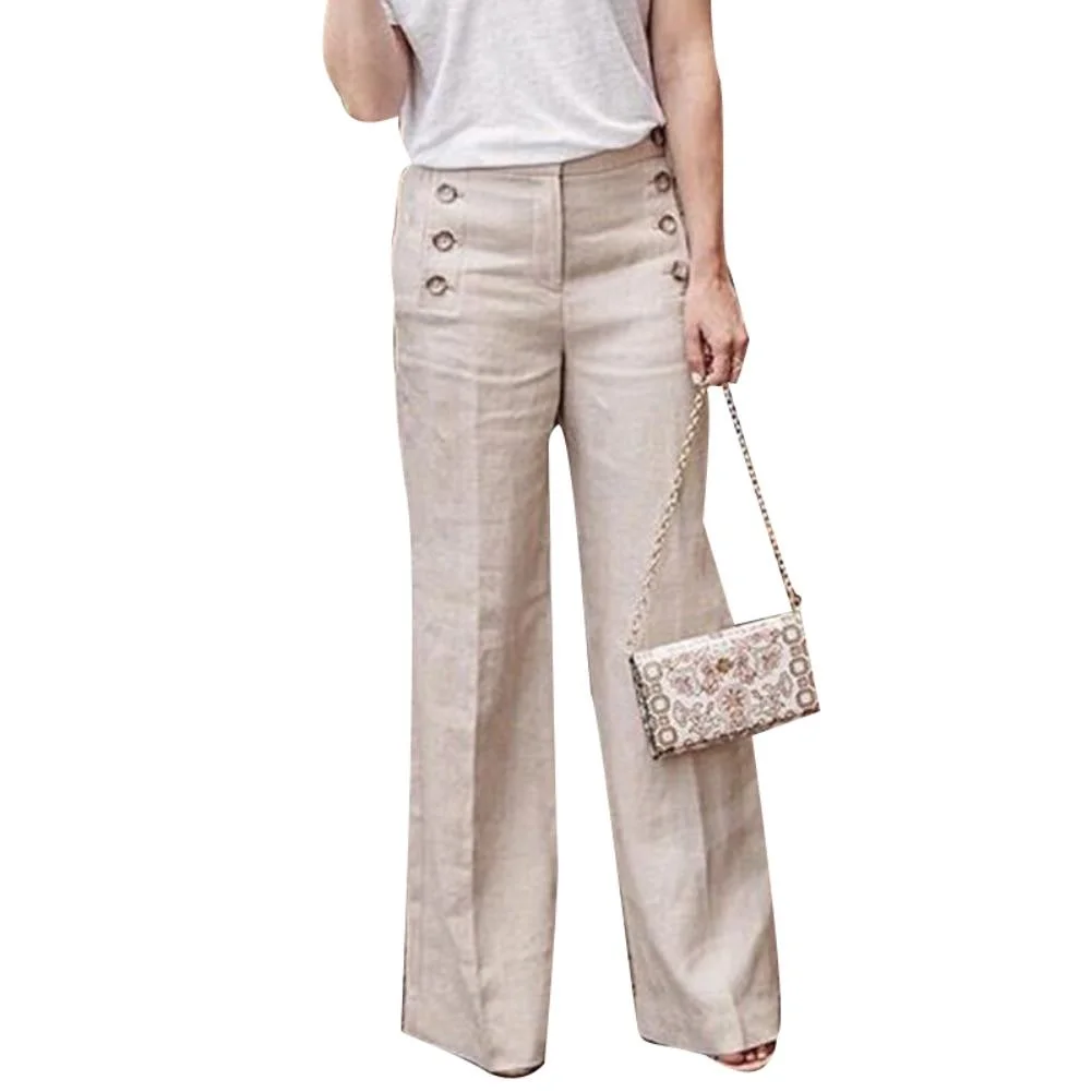 Solid Color Buttons High Waist Wide Leg Pants Women Cotton Linen Long Trousers