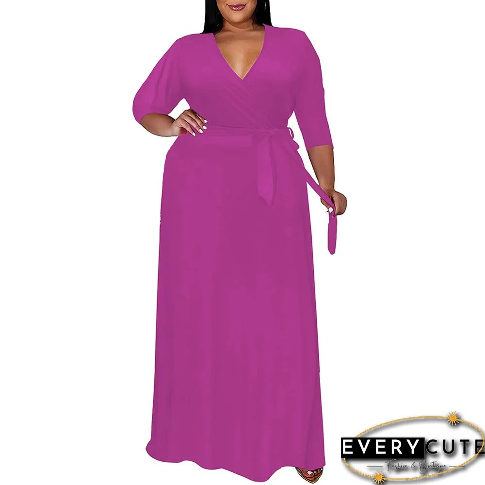 Rosy V Neck 3/4 Sleeve Plus Size Dress with Tie
