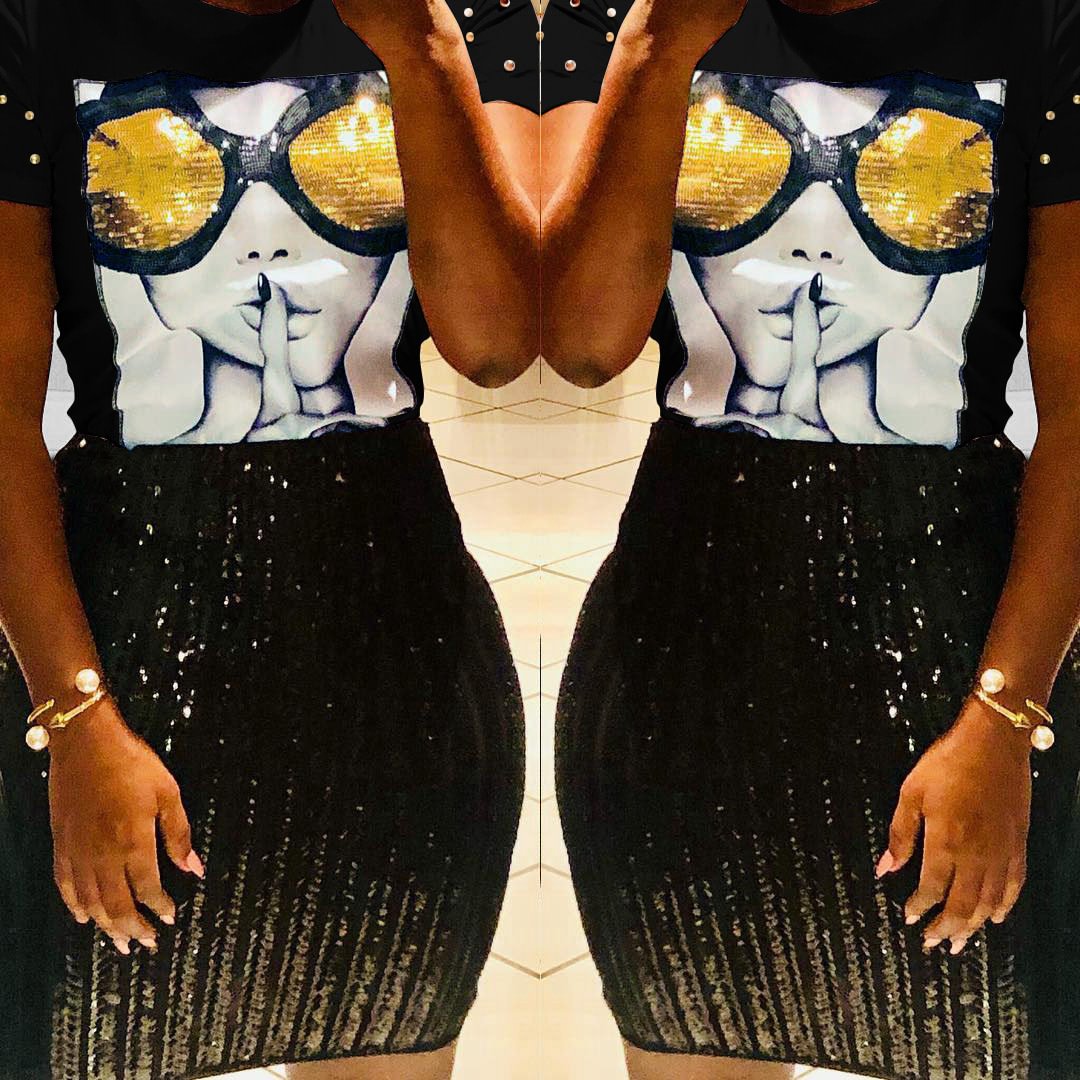 Women's Glasses Sequined Printed Patch Beaded Short Sleeve T-shirt