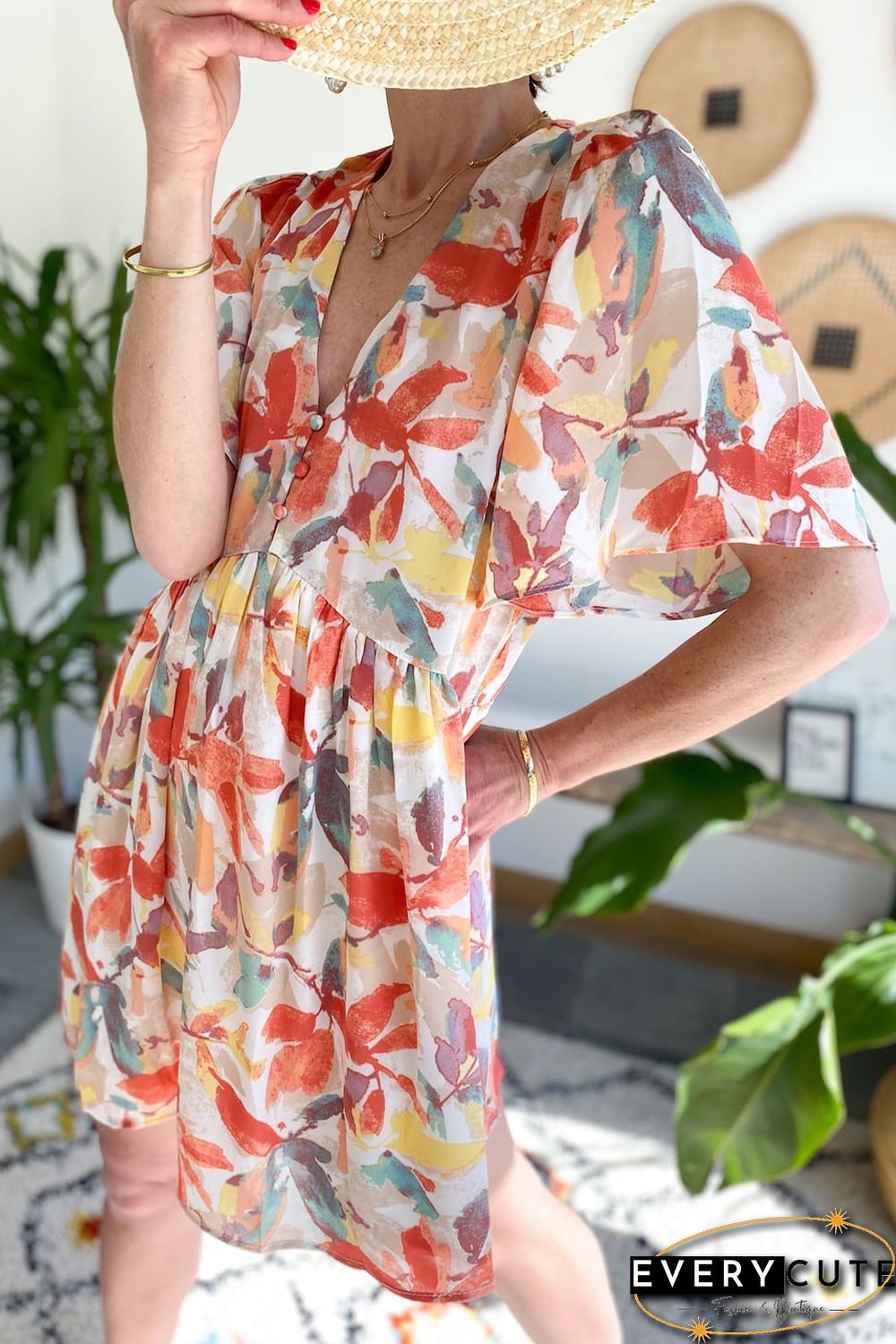 Multicolor Summer Floral Button V Neck Ruffle Flowy Dress