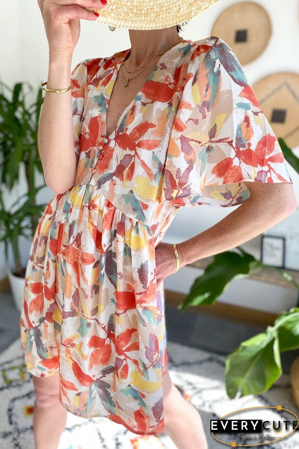 Multicolor Summer Floral Button V Neck Ruffle Flowy Dress