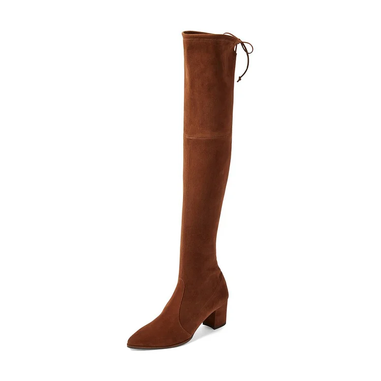 Brown Long Boots Vegan Suede Chunky Heel Thigh-high Boots |FSJ Shoes