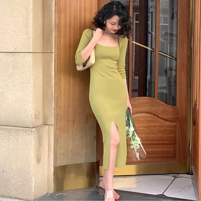 Women Retro Casual Autumn New Sexy Party Knitted Dress Slim Slit Mid-Length Elegant Female Vestidos