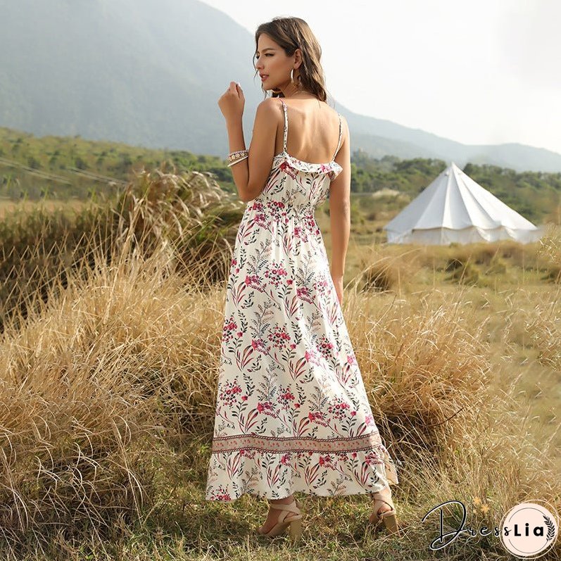 Bohemian Wind Printed Flounced V-neck Suspender Dress