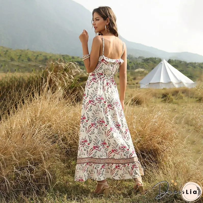 Bohemian Wind Printed Flounced V-neck Suspender Dress