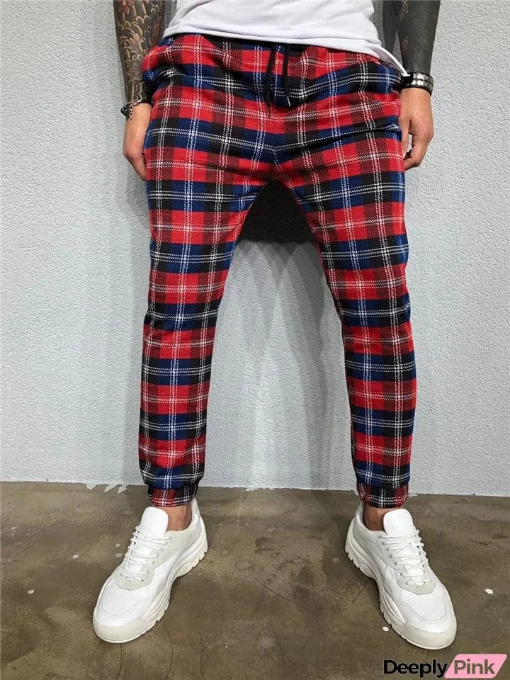 Stylish Casual Contrast Color Plaid Printed Sporty Pants For Men