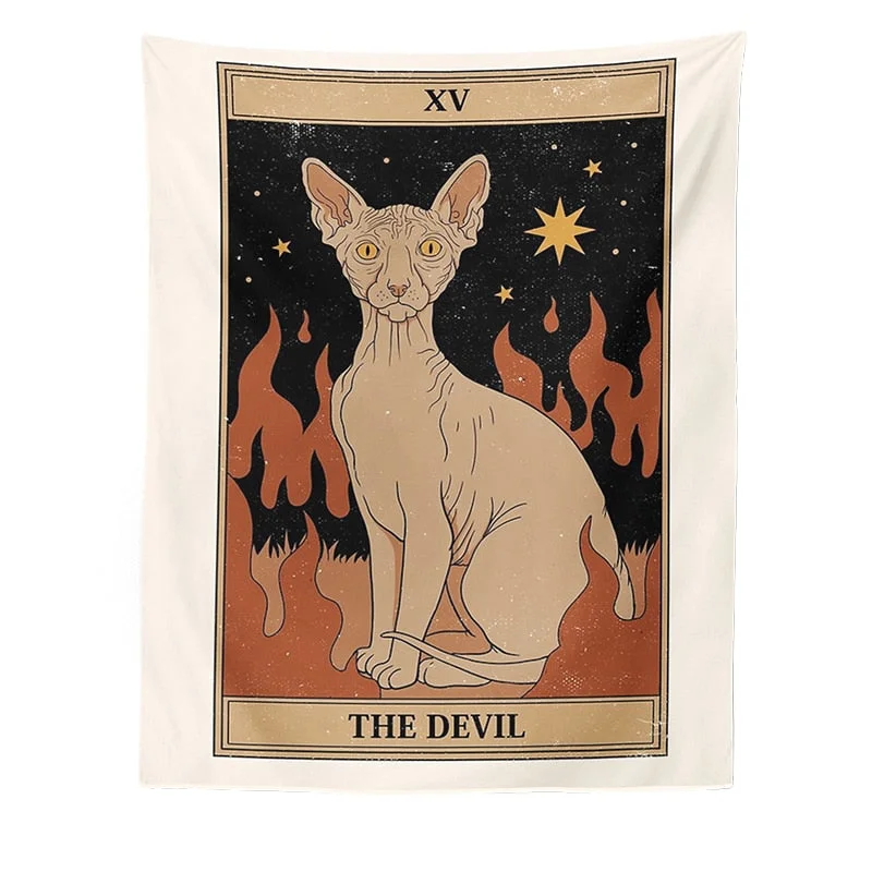 Cat Divination Witchcraft Tarot Card Tapestry Wall Hanging Tapestries Baphomet Occult Home Wall Moon phase Mat Decor Cat Coven