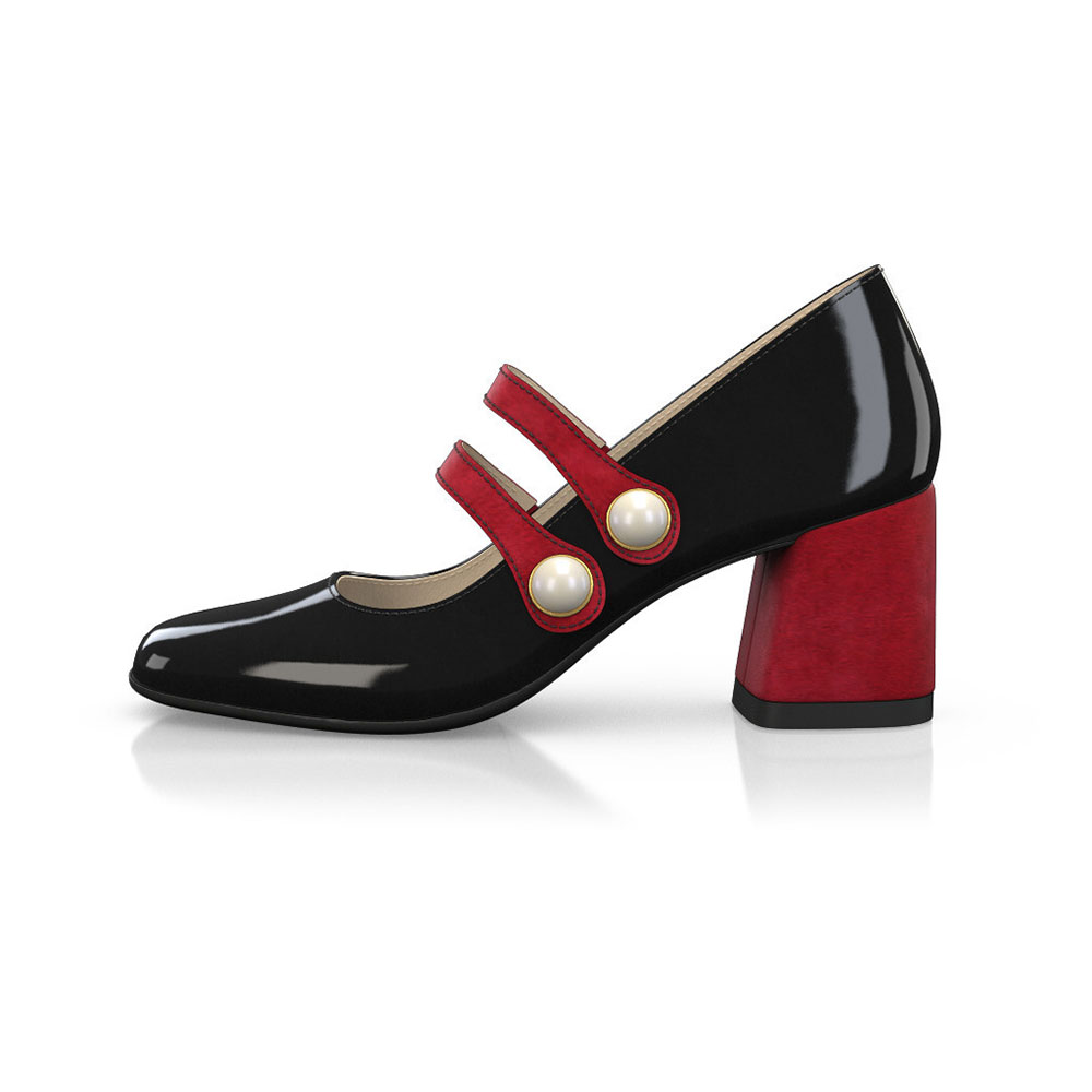 Black & Red Patent Leather Square Toe Chunky Heel Mary Jane Pumps Nicepairs
