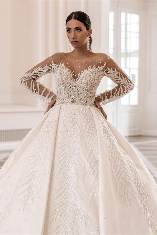 Glamorous Wedding Dress Long Sleeves Bateau A-Line Satin With Crystal Pearl