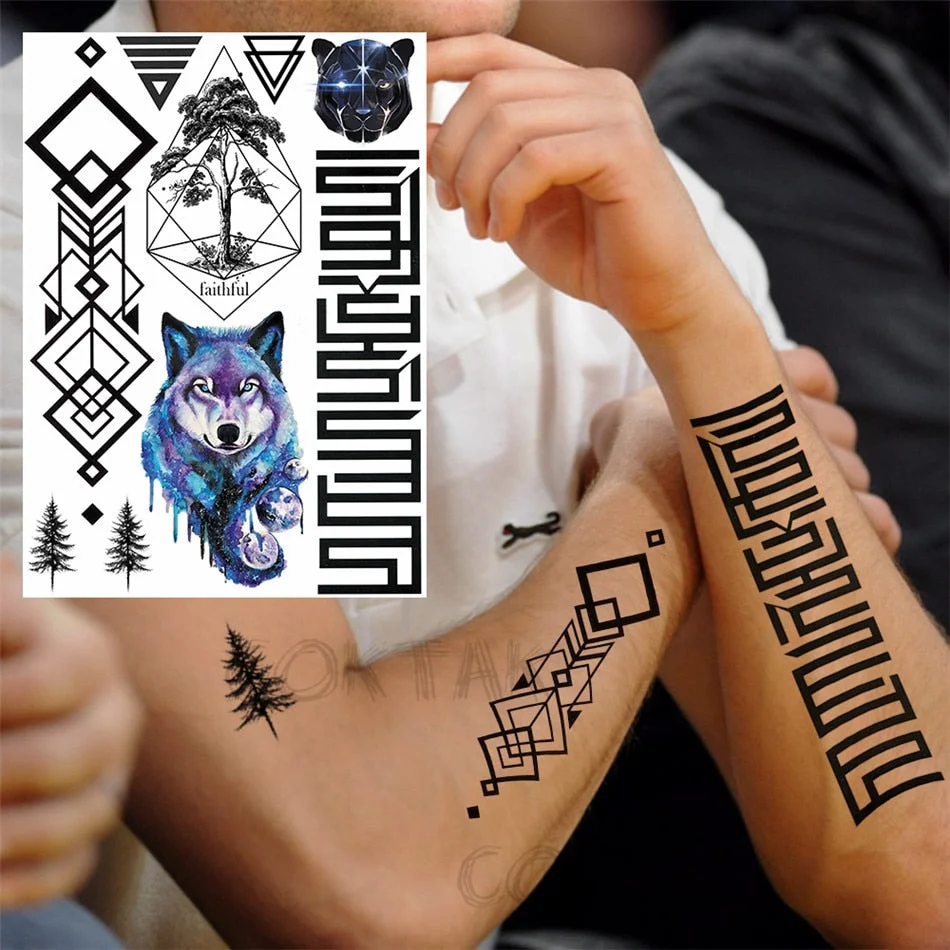 Realistic Fake Black Animal Temporary Tattoos Sticker For Men Women Geometric Wolf Outer Space Tatoo Temporary Decal For Kids