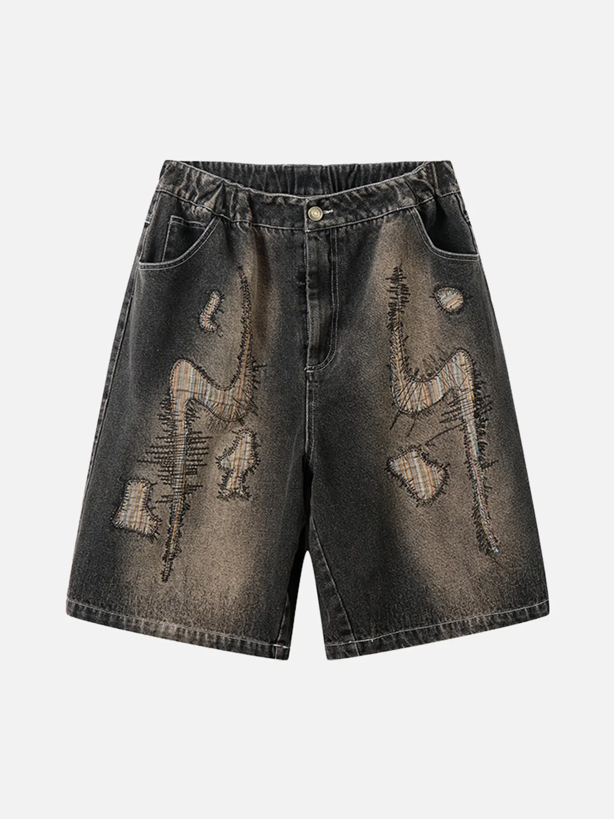 Black Patchwork Appliqué Embroidered Loose Jorts Front