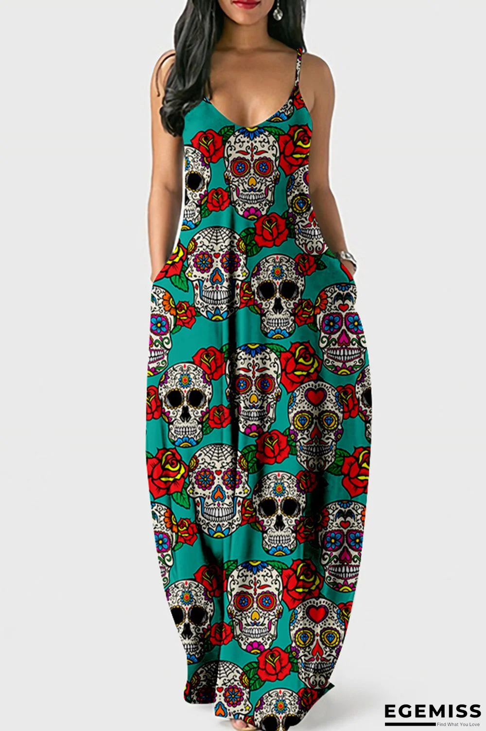 Green Fashion Sexy Skull Head Print Backless Spaghetti Strap Long Dress | EGEMISS