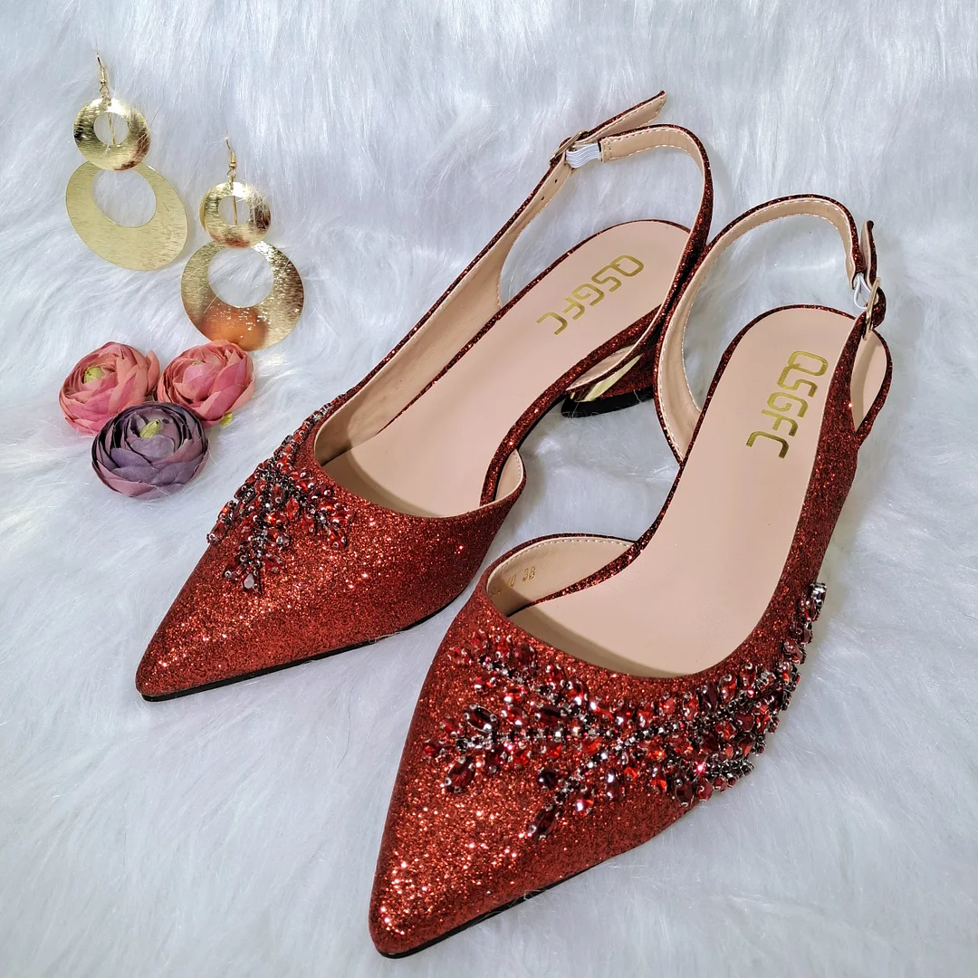 QSGFC 2022 Orange Color Shaped Mid-heel Design Shoes Popular Pointed Ladies Shoes And Bags African Wedding Party Shoes With Bag