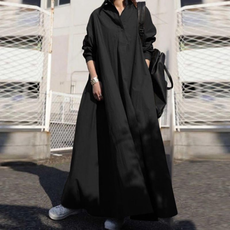 Dresses for Women 2021 Cotton and Linen Pure Color Stand Collar Long-sleeved Simple Vintage Loose Casual Long Shirt Dress