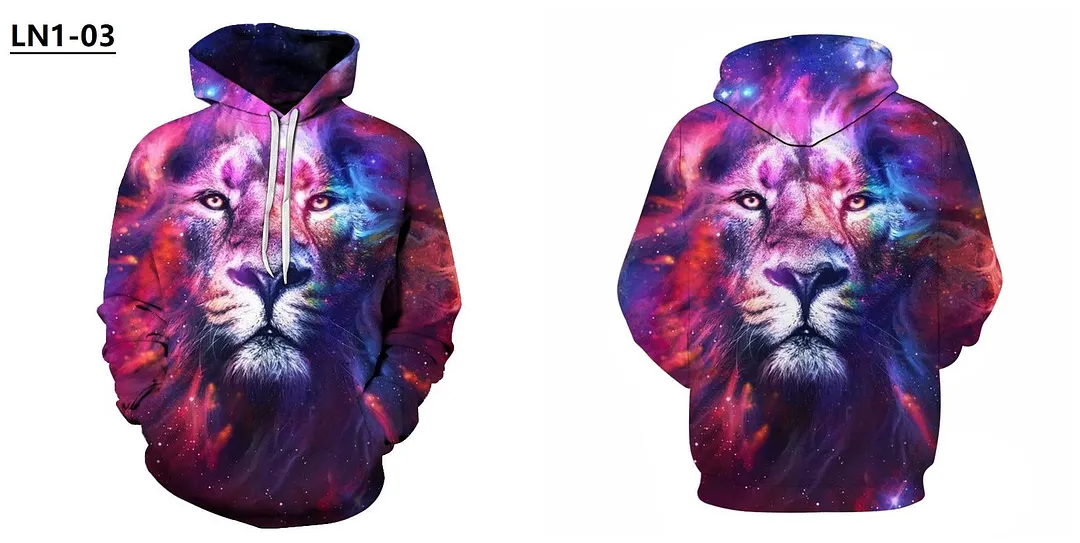 Mens Hoodies with Cap 3D Digital Lion Print Long Full Sleeves Casual Hip Hop Counple Women Clothes Front Pocket Spring Autumn