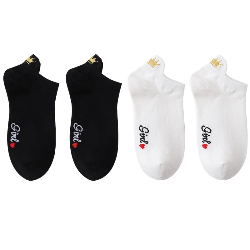 4 Pairs Funny Cute Embroidery Socks Women Cotton Ankle Short White Crown Kawaii Socks Set Candy Colors for Couples Ladies Gift