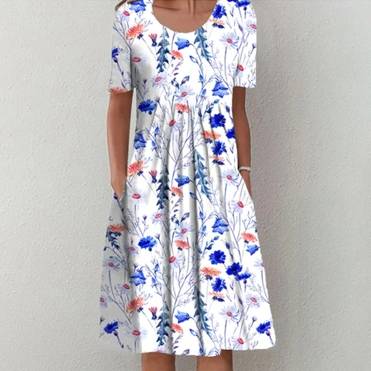 Women's Spring Floral Dress Crew Neck Short Sleeve A Line Midi Dress