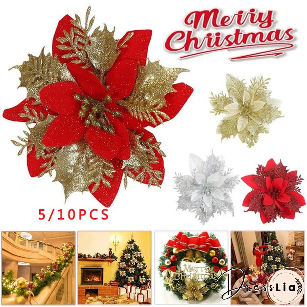 510Pcs Artificial Plastic Christmas Florals Glitter Fake Flowers Merry Tree Decorations