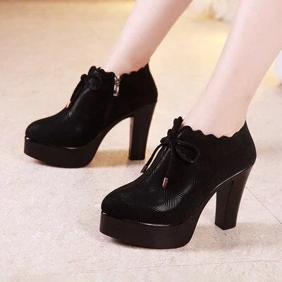 GKTINOO Plus Size 33-43 Block Heel Deep Mouth Platform Pumps Women Shoes 2022 Black High Heels Shoes Ladies Leather Shoe Office