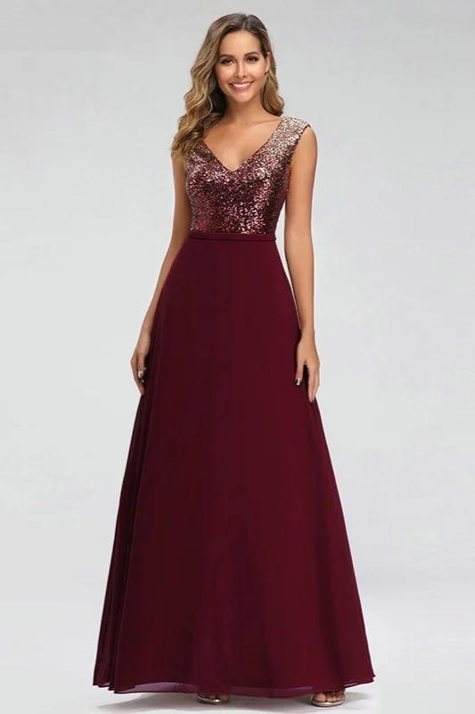burgundy ombre sequins long prom dress