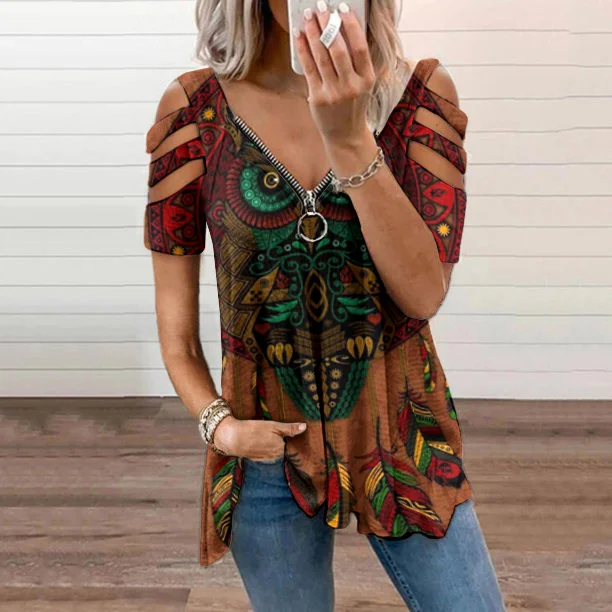 Western Print Off-The-Shoulder Casual T-Shirt