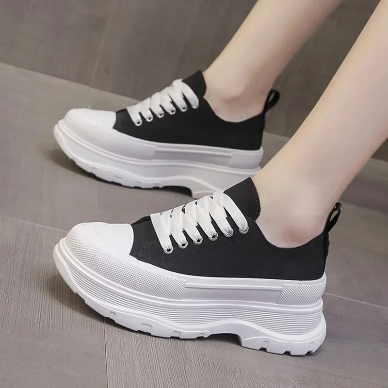 Yyvonne Canvas Chunky Platform Sneakers Woman Spring Summer Thick Bottom Sport Shoes Women Black White Lace Up Skateboard Mujer
