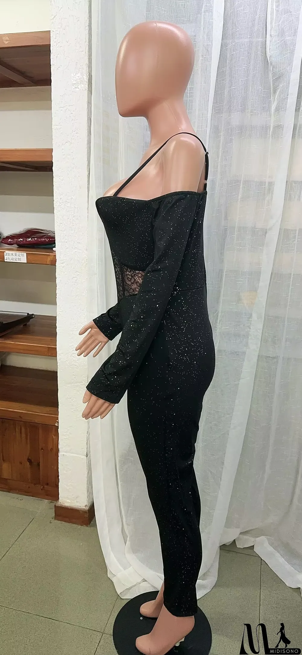 MidiSono - Women's Black Low Neck Sexy Tight Fitting Jumpsuit