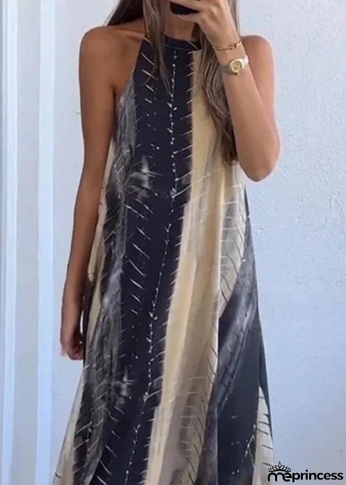 New Colorblock Backless Print Cotton Maxi Dress Sleeveless