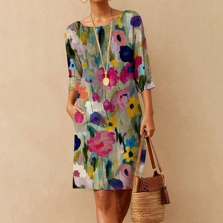 Stylish Floral Print Scoop Neck Mini Dress
