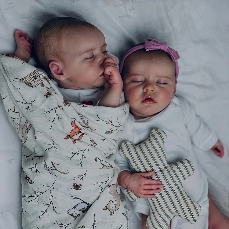 [Heartbeat💓 & Sound🔈]17" Asleep Twins Reborn Baby Doll Girl and Boy with Rooted Brown Hair, Baby Doll with Soft Body and Limbs