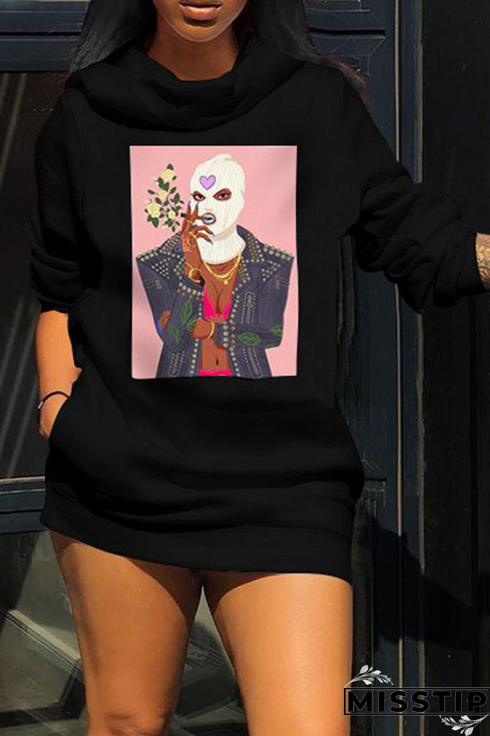 White Fashion Print Patchwork Hooded Collar Plus Size Dresses