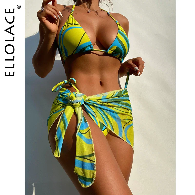 Billionm Ellolace Swimsuit And Cover Up 2022 New Halter Print Green Micro Bikini Padded Swimwear Big Breast Attraco Sexy Brazilian Outfit