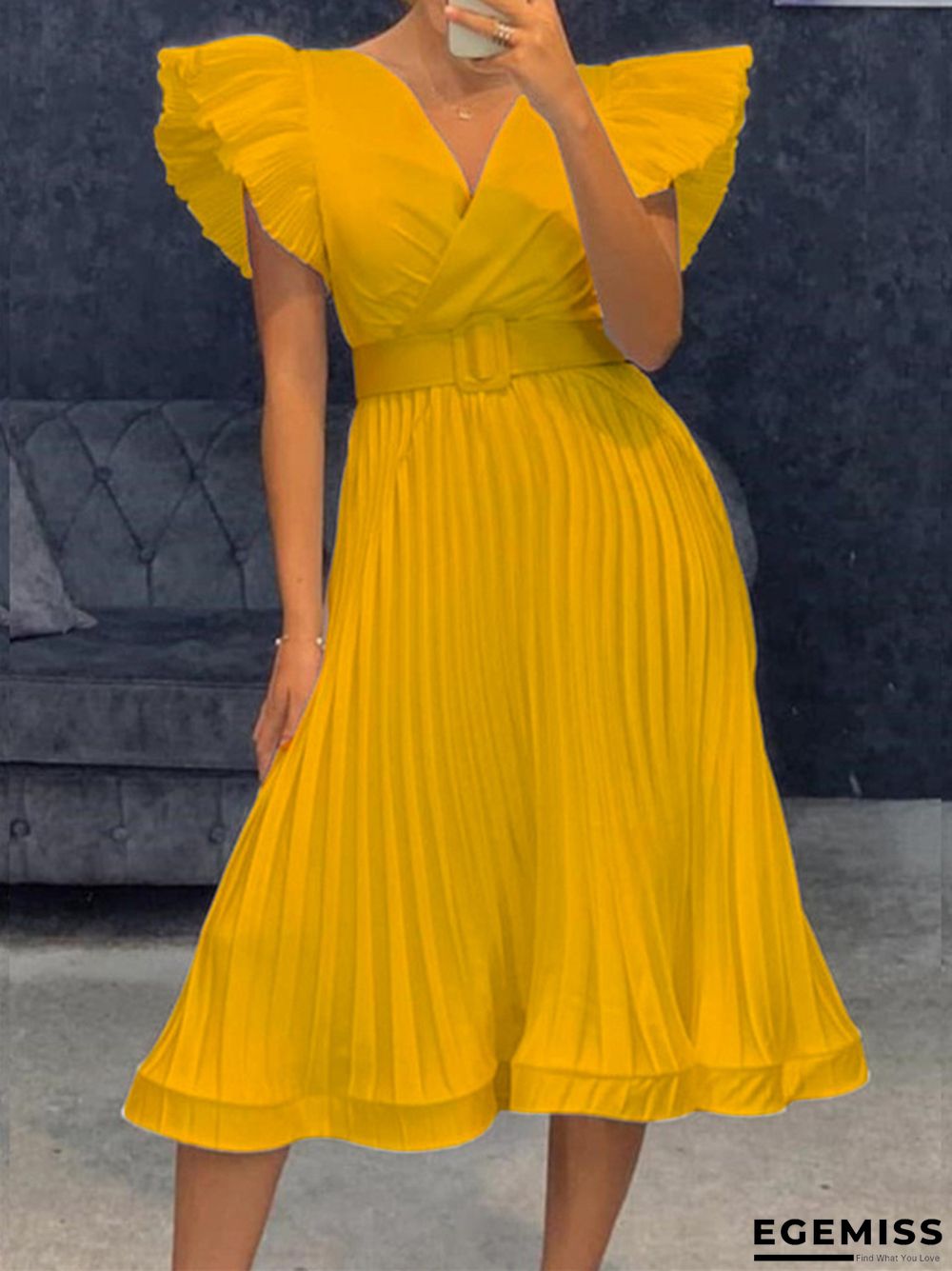 Women's Sexy V-neck Fly-sleeve Pleated Dress White Dresses | EGEMISS