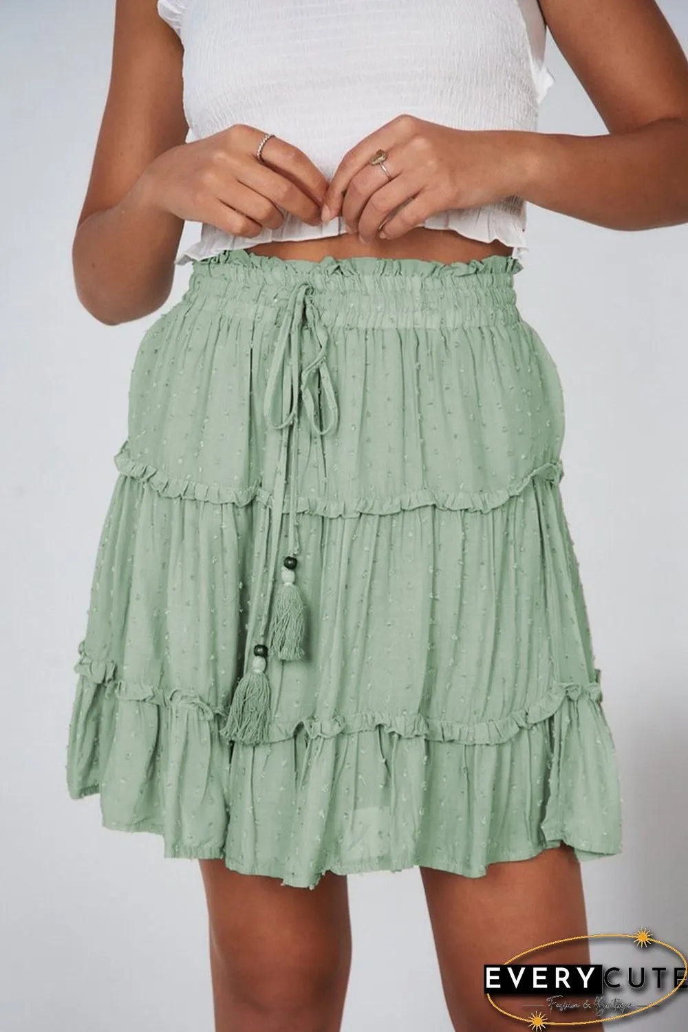 Smocked Waist Swiss Dot Frilled Tiered Mini Skirt