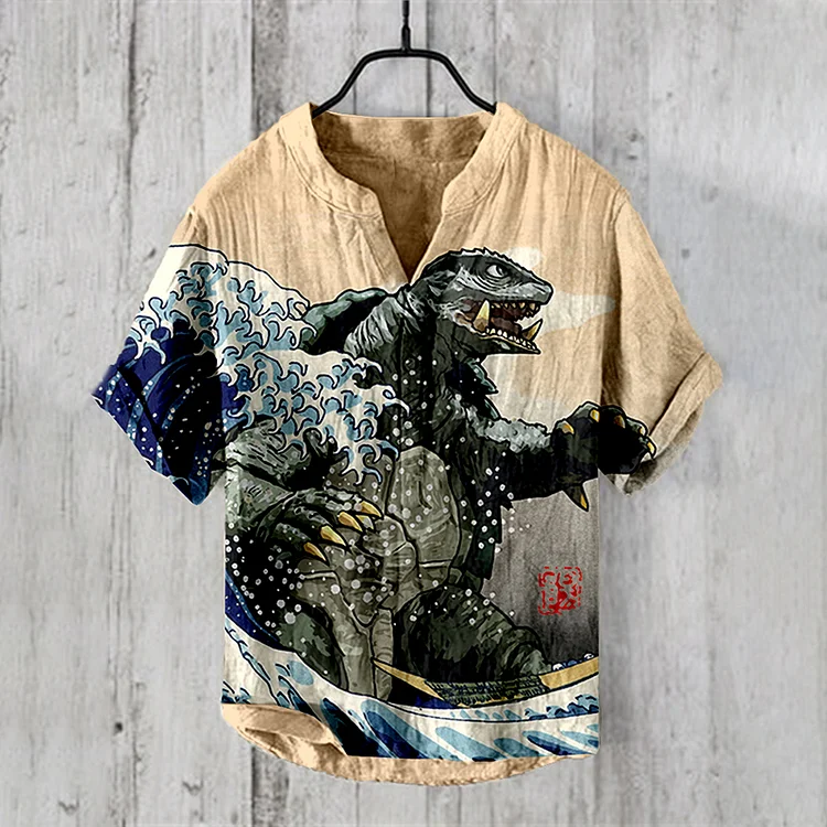Vintage Godzilla Waves Japanese Art Linen Blend Shirt