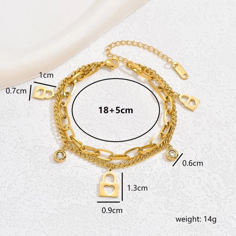 Hip-Hop Solid Color Cool Style Eiffel Tower Heart Shape Lock 201 Stainless Steel 18K Gold Plated Zircon Bracelets In Bulk
