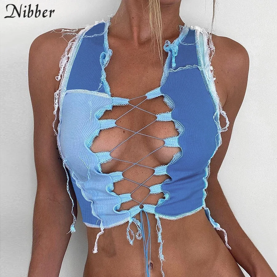 Nibber Sexy Bandage Cut Out Hole Crop Tops Women?s Camis 2021 Summer Y2K Punk Style Ribbed Knitting Tank Top Club Wear Mujer