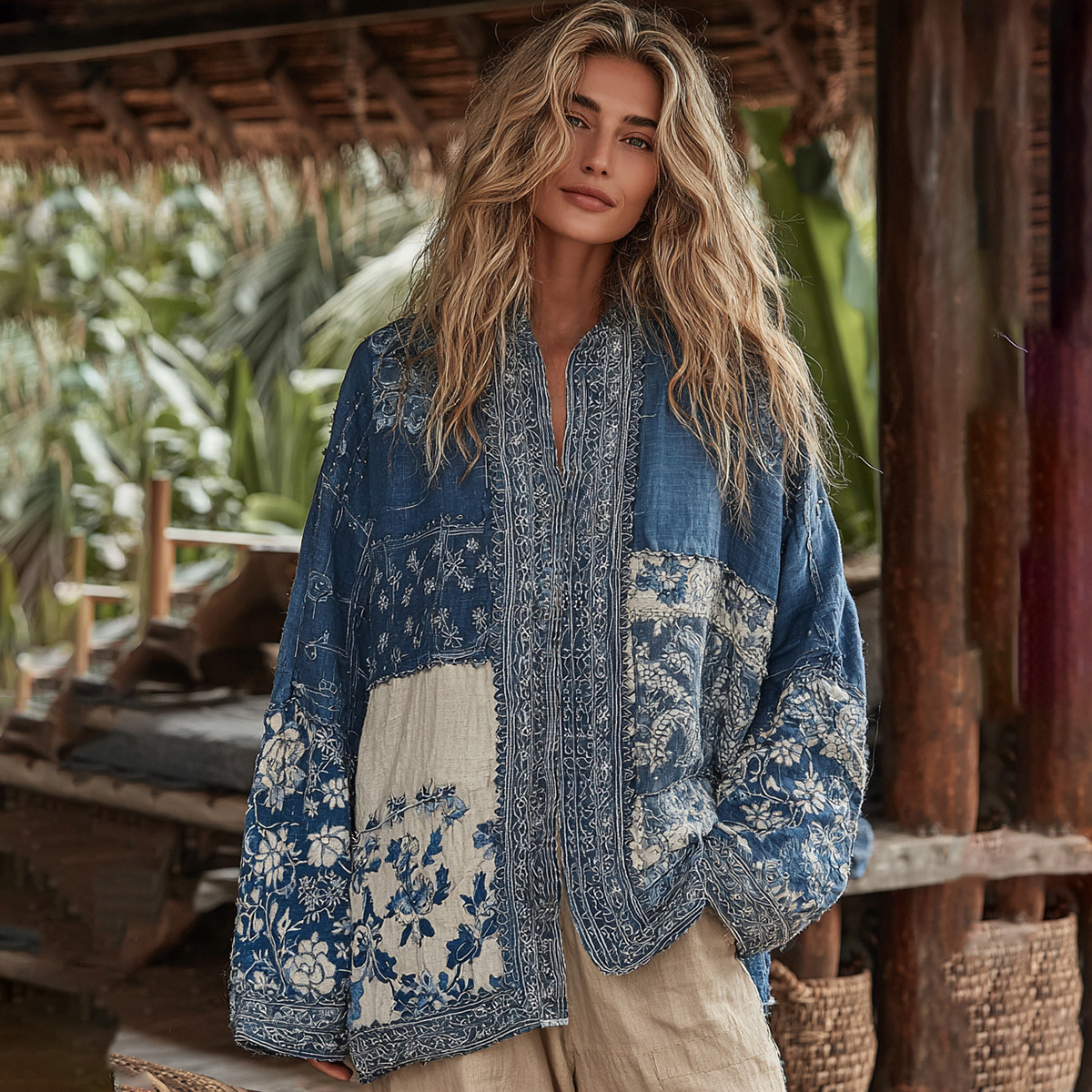 Women's Casual Linen Open Front Printed Kimono Cardigan-1017